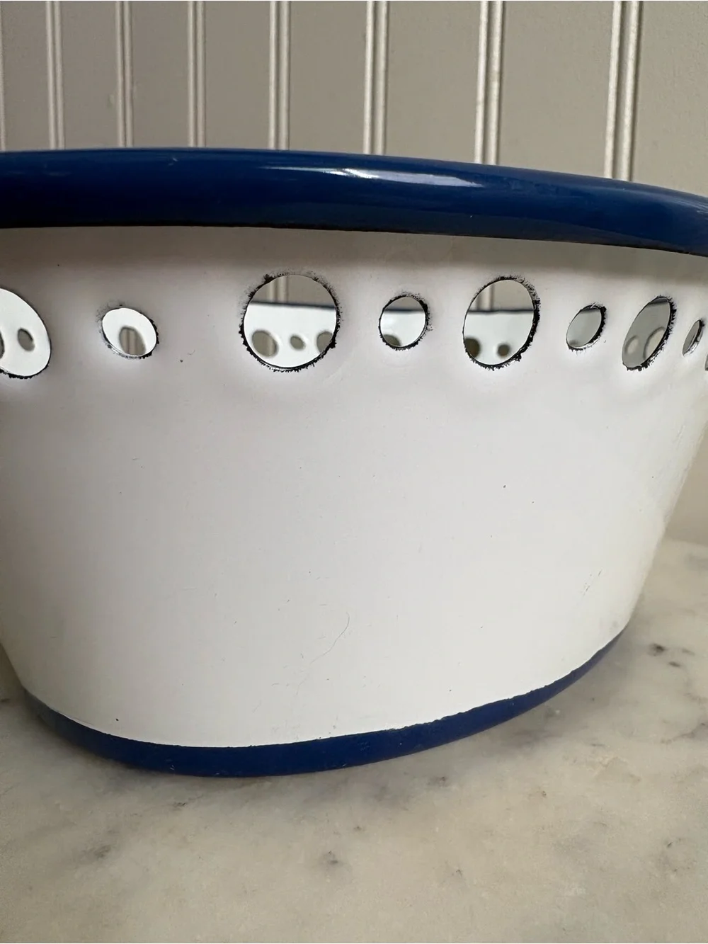 Vintage IKEA Enamel Arv Idyell Perforated Oval Bowl White & Blue Floral VTG 90s